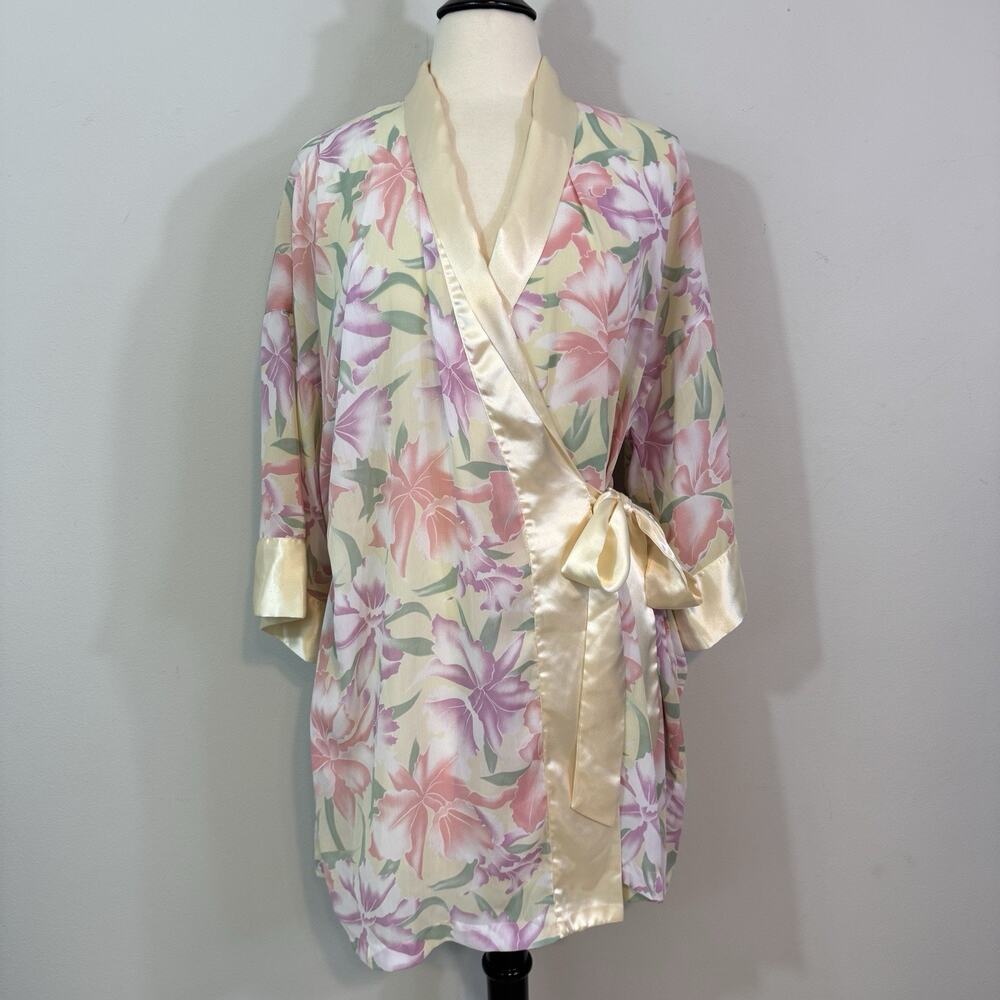 VICTORIA'S SECRET Vintage Gold Label Robe Pastel Floral Satin Trim Semi Sheer OS